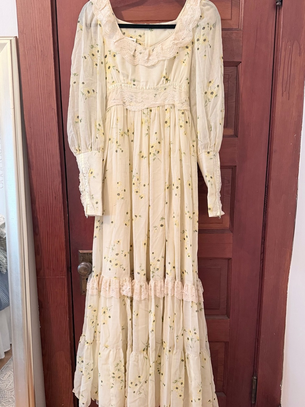 Gunne Sax Cream Dress with Yellow and Gray Floral Dots